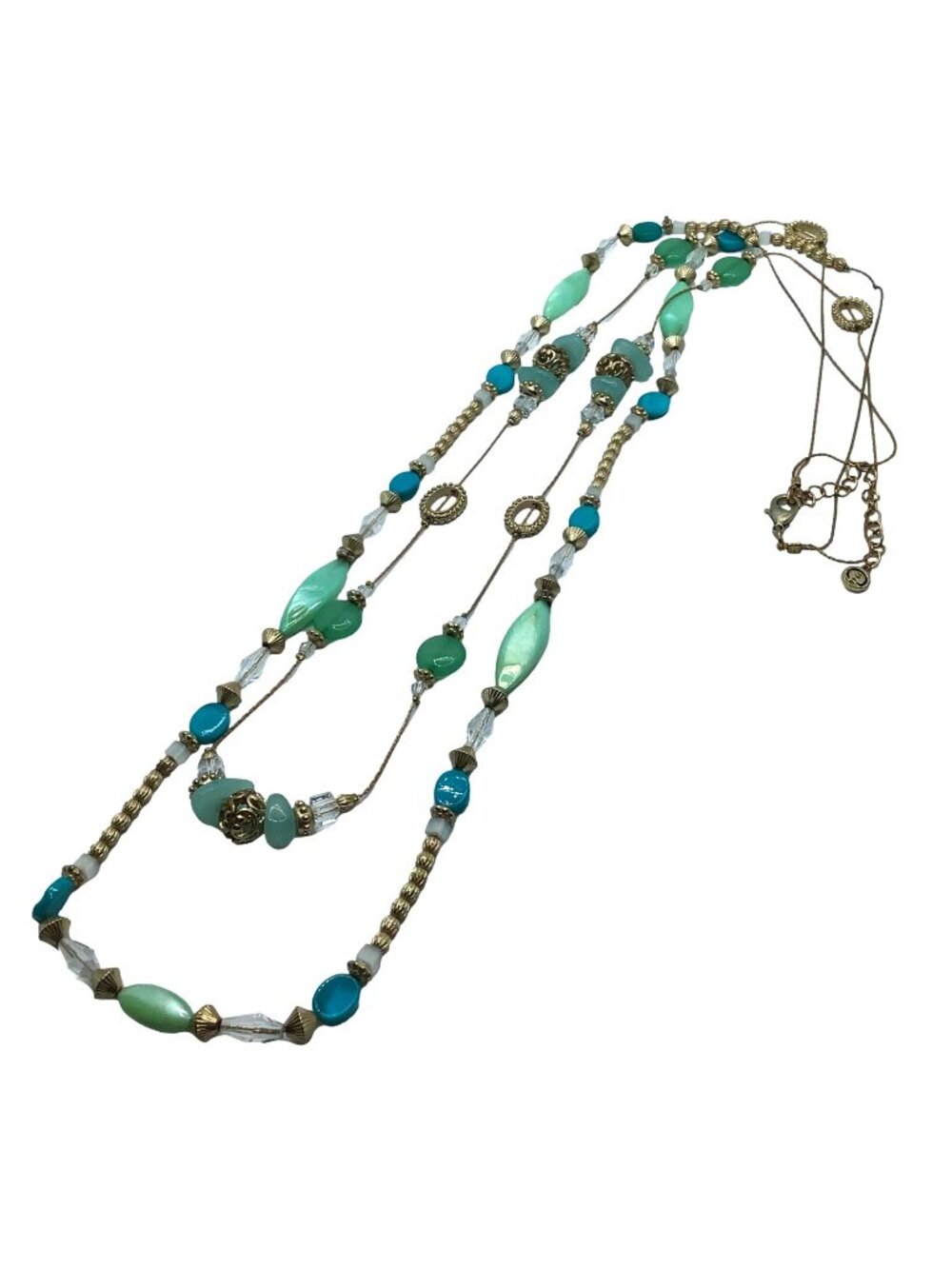 C1946 Necklace Double Strand Layered Beaded Gold Tone Blue Casual Work Wear Boho - Picture 3 of 3